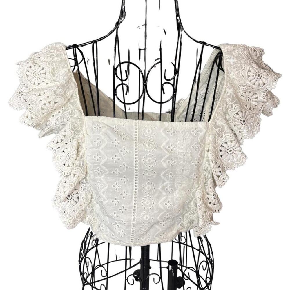 Altar'd State Cream Eyelet Cotton Crop Top Ruffle Flutter Sleeve Boho Small
